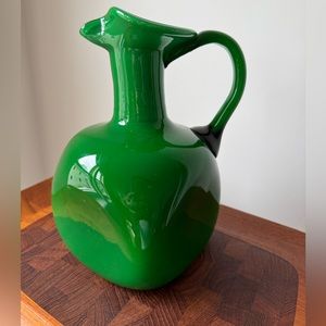 MCM Emerald Green Cubic Empoli Glass Body Murano Handle Italian Pitcher C.1960